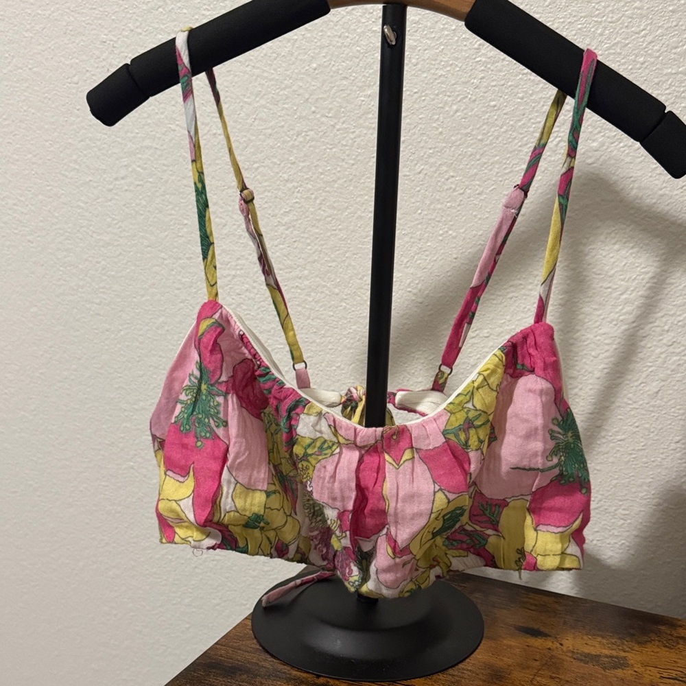 Anthropologie Floral Pink, green, yellow Crop Bralette. Adj straps. Tie back.🩷💚🩷